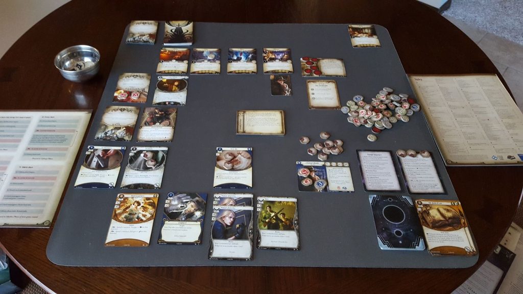 Arkham Horror The Card Game setup on my dining room table.
