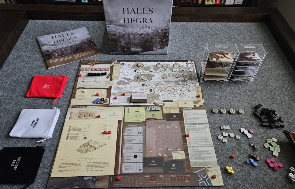 The Halls of Hegra board game setup on my table ready to begin the first round.